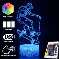 Lampe 3D LED Skater sur son Skateboard, télécommande et caractéristiques