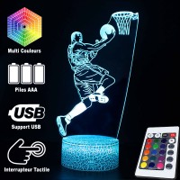 Lampe 3D LED Basketball Joueur sautant au panier, télécommande et caractéristiques