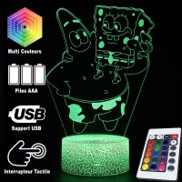 Lampe 3D LED de Patrick Étoile portant Bob l'Éponge, télécommande et caractéristiques
