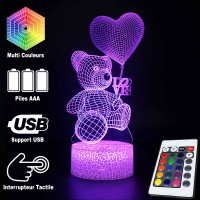 Lampe 3D Nounours Love Coeur  caractéristiques et télécommande