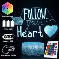 Lampe 3D "Follow your Heart" caractéristiques et télécommande